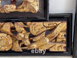 Vintage Set of 3 Chinese Carved Wood Relief Gilt Panels w Birds, Floral, Figures