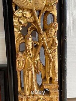 Vintage Set of 3 Chinese Carved Wood Relief Gilt Panels w Birds, Floral, Figures