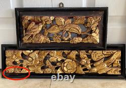 Vintage Set of 3 Chinese Carved Wood Relief Gilt Panels w Birds, Floral, Figures