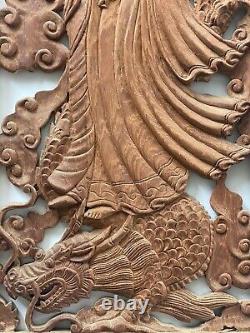 Vintage Thailand Hand Carved Wood Buddha Dragon Cloud Figure Wall Hanging Panel