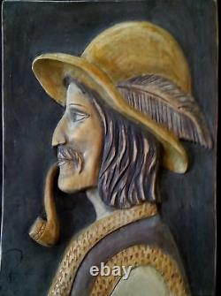 Vintage Transylvania Carpathian mountains hand carved wood panel 18 by 13