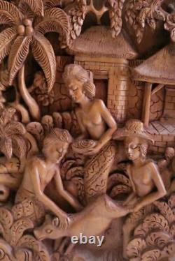 Vintage Wall Hanging Wooden Panel Bali Carved Wood 3D Wall Sculpture