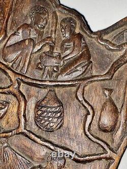 Vintage West African Tribal Relief Carved Wood Panel Wall Art Storyboard 23x19