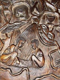 Vintage West African Tribal Relief Carved Wood Panel Wall Art Storyboard 23x19