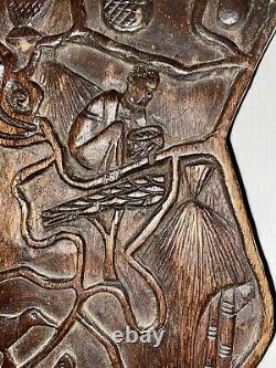Vintage West African Tribal Relief Carved Wood Panel Wall Art Storyboard 23x19