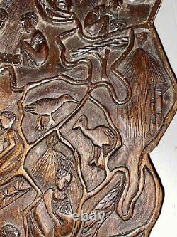 Vintage West African Tribal Relief Carved Wood Panel Wall Art Storyboard 23x19