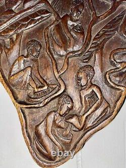 Vintage West African Tribal Relief Carved Wood Panel Wall Art Storyboard 23x19