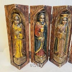 Vintage Wood Carved Santos Double Sided Fold Out Panel on Hinges Latin American