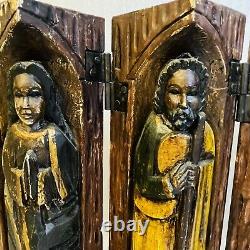 Vintage Wood Carved Santos Double Sided Fold Out Panel on Hinges Latin American