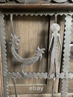 Vintage Wood Carved Sculptural Panel Window Metal Animals Figurines Indonesia