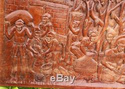 Vintage Wood Carving Large Wooden Panel Hand Carved Cocoa Harvest Scene 47.5in L