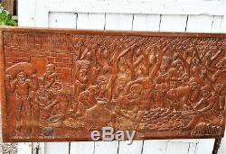 Vintage Wood Carving Large Wooden Panel Hand Carved Cocoa Harvest Scene 47.5in L