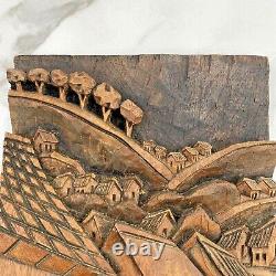 Vintage Wood Hand Carved Painted Village Houses 3D Wall Art Panel 20