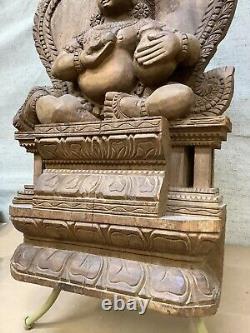 Vintage Wood Hindu Sculpture Panel Hand Carved Krishna Deity Religious Moteif