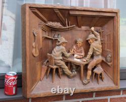 Vintage Wood carved card players relief wall panel frame signed 1960s