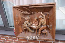 Vintage Wood carved card players relief wall panel frame signed 1960s