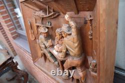 Vintage Wood carved card players relief wall panel frame signed 1960s