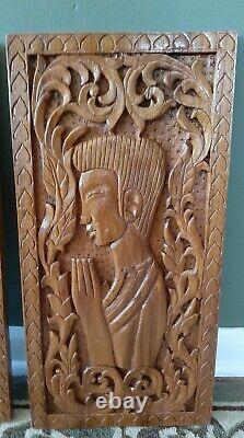 Vintage Wooden Carved Budda Meditation Asian Wall Panel Art Plaques Lot of 2