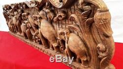 Vintage Wooden Hand Carved Elephant Wall Panel Temple Art Collectible Home Decor