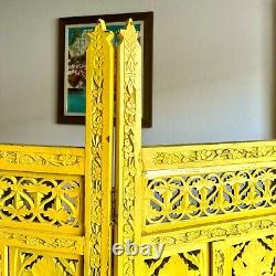 Vintage Yellow Ornate Carved Wood Indian 4 Panel Room Divider/Screen 80 Wide