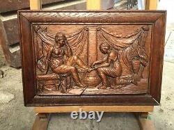Vintage carved wood panel wooden picture featuring Roman scene