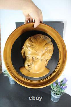 Vintage flemish wood carved medaillon putti cherub head wall panel signed