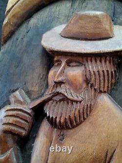 Vintage hand carved wood panel Old Man 23.5 by 8.5