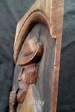 Vintage hand carved wood panel Old Man 23.5 by 8.5
