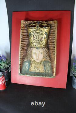 Vintage wood carved madonna relief wall panel religious