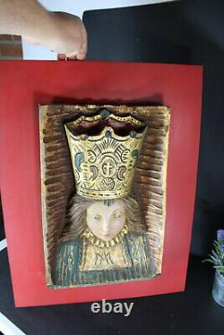 Vintage wood carved madonna relief wall panel religious