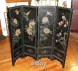 Vtg 1930s Asian Birds Flowers 4 Panel 36in Standing Screen Carved Lacquer Wood