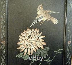 Vtg 1930s Asian Birds Flowers 4 Panel 36in Standing Screen Carved Lacquer Wood