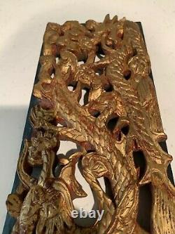Vtg Antique Chinese Wood Carved Gold Gilt Plaque 3 D Dragons Wall Panel Stamped