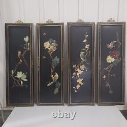 Vtg Asian Oriental 10x30 Black Lacquered Wood Carved Soapstone Panel Set of 4