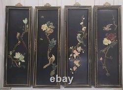 Vtg Asian Oriental 10x30 Black Lacquered Wood Carved Soapstone Panel Set of 4