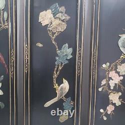 Vtg Asian Oriental 10x30 Black Lacquered Wood Carved Soapstone Panel Set of 4