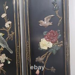 Vtg Asian Oriental 10x30 Black Lacquered Wood Carved Soapstone Panel Set of 4