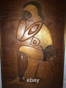 Vtg Folk Art Carved Wood Nude Woman Thinking Raised Puzzle 3D Wall Plaque Panel