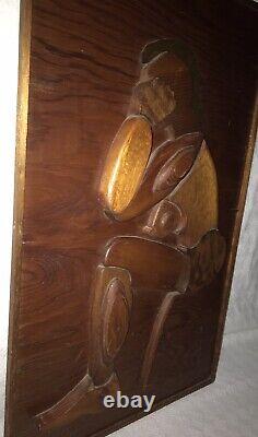 Vtg Folk Art Carved Wood Nude Woman Thinking Raised Puzzle 3D Wall Plaque Panel