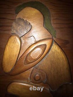 Vtg Folk Art Carved Wood Nude Woman Thinking Raised Puzzle 3D Wall Plaque Panel