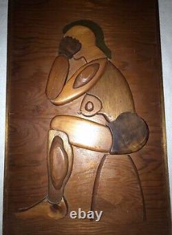 Vtg Folk Art Carved Wood Nude Woman Thinking Raised Puzzle 3D Wall Plaque Panel