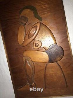 Vtg Folk Art Carved Wood Nude Woman Thinking Raised Puzzle 3D Wall Plaque Panel