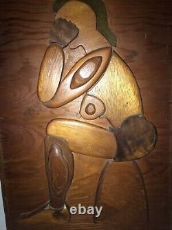 Vtg Folk Art Carved Wood Nude Woman Thinking Raised Puzzle 3D Wall Plaque Panel