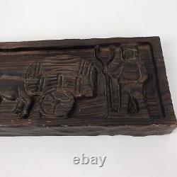 Vtg Hand Carved Wood Panel Men Farming Cart Animals Ethnic Wall Hanging Plaque