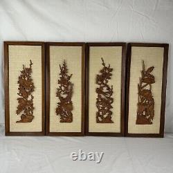 Vtg Hand Carved Wood Relief Panels 9x21.5 Set of 4 3D Wall Decor Boho MCM Art