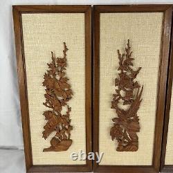 Vtg Hand Carved Wood Relief Panels 9x21.5 Set of 4 3D Wall Decor Boho MCM Art