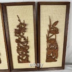 Vtg Hand Carved Wood Relief Panels 9x21.5 Set of 4 3D Wall Decor Boho MCM Art