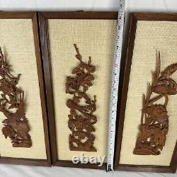 Vtg Hand Carved Wood Relief Panels 9x21.5 Set of 4 3D Wall Decor Boho MCM Art