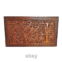 Vtg Large African Tribal War Relief Carved Wood Panel Wall Art Storyboard Plaque
