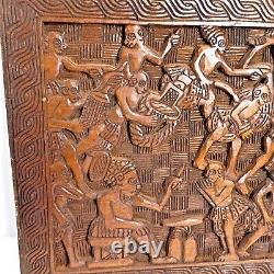 Vtg Large African Tribal War Relief Carved Wood Panel Wall Art Storyboard Plaque